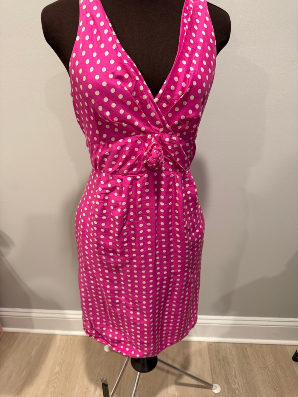 J. Crew Hot Pink Polka Dot Sleeveless Wrap Midi Dress